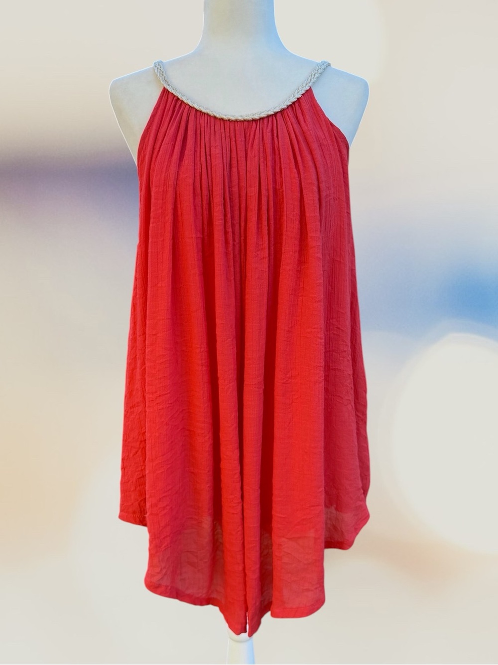 Nouveaumonde Red Gauzy Halter Swing Dress or Beach Cover Up, Women’s Medium